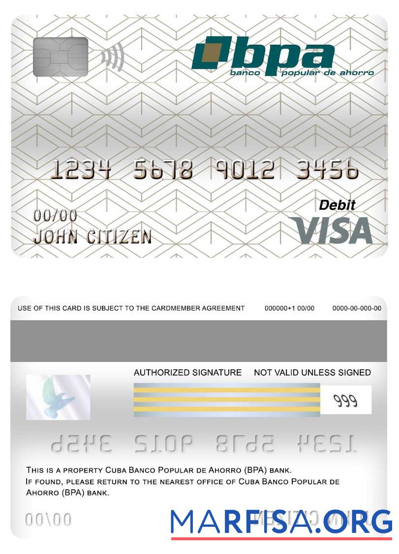 Realistic Cuba Banco Popular de Ahorro (BPA) bank visa debit card real example